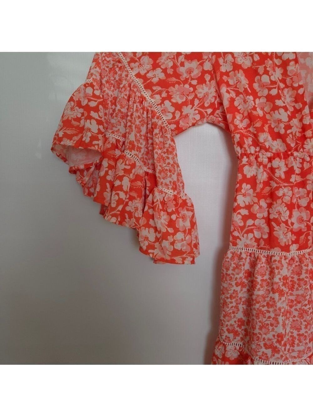 COSITA LINDA FULL WRAP DRESS BEACHWEAR ORANGE WHITE RUFFLES FLOWY BOHO SZ MEDIUM - Picture 8 of 15
